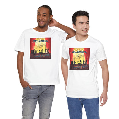 Two men wearing t-shirts with a graphic design of drummers on a white background