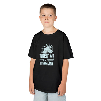 Child wearing a black t-shirt with text and graphic on a white background