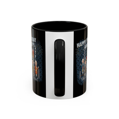 Black mug with white handle featuring printed designs on a white background