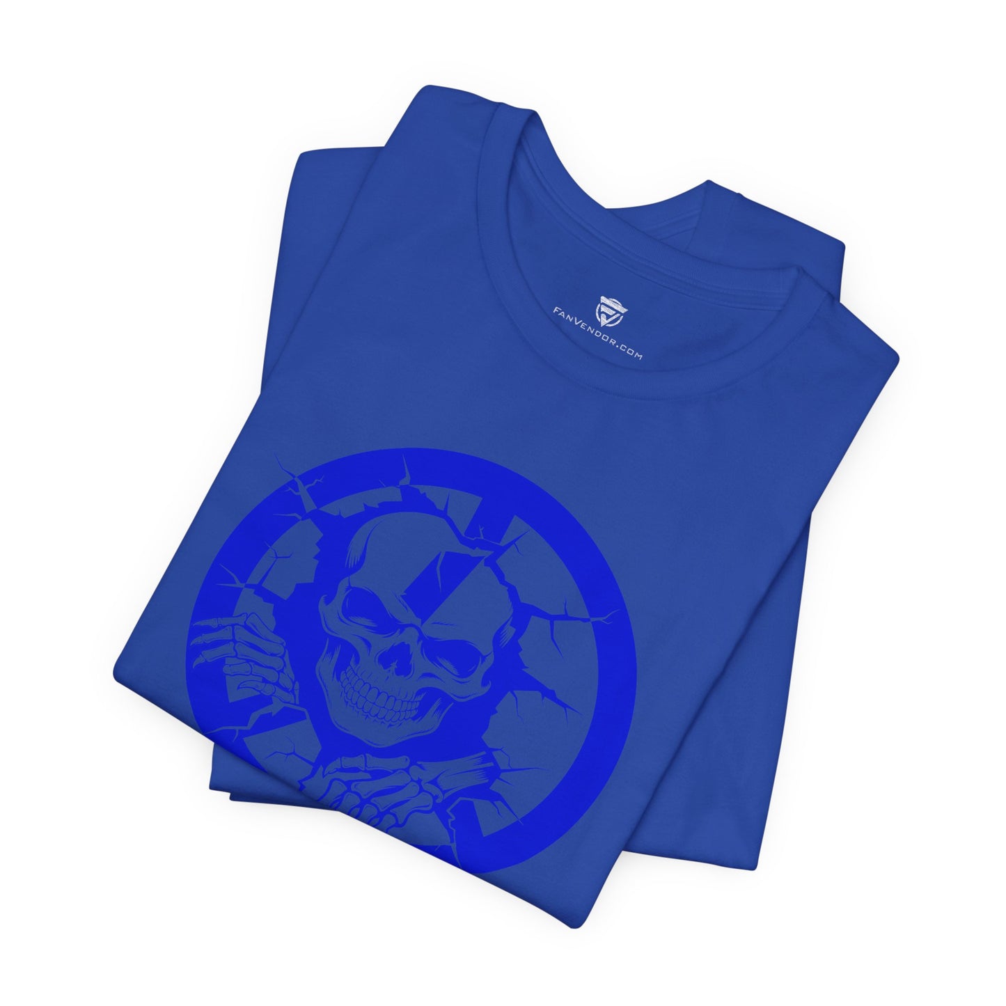 Blue t-shirt with a skull design on a white background