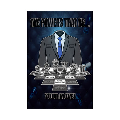 A vertical graphic poster or print featuring a stylized illustrated headless torso in a dark gray suit with a blue tie, positioned abov and the text.