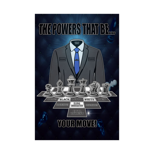 A vertical graphic poster or print featuring a stylized illustrated headless torso in a dark gray suit with a blue tie, positioned abov and the text.