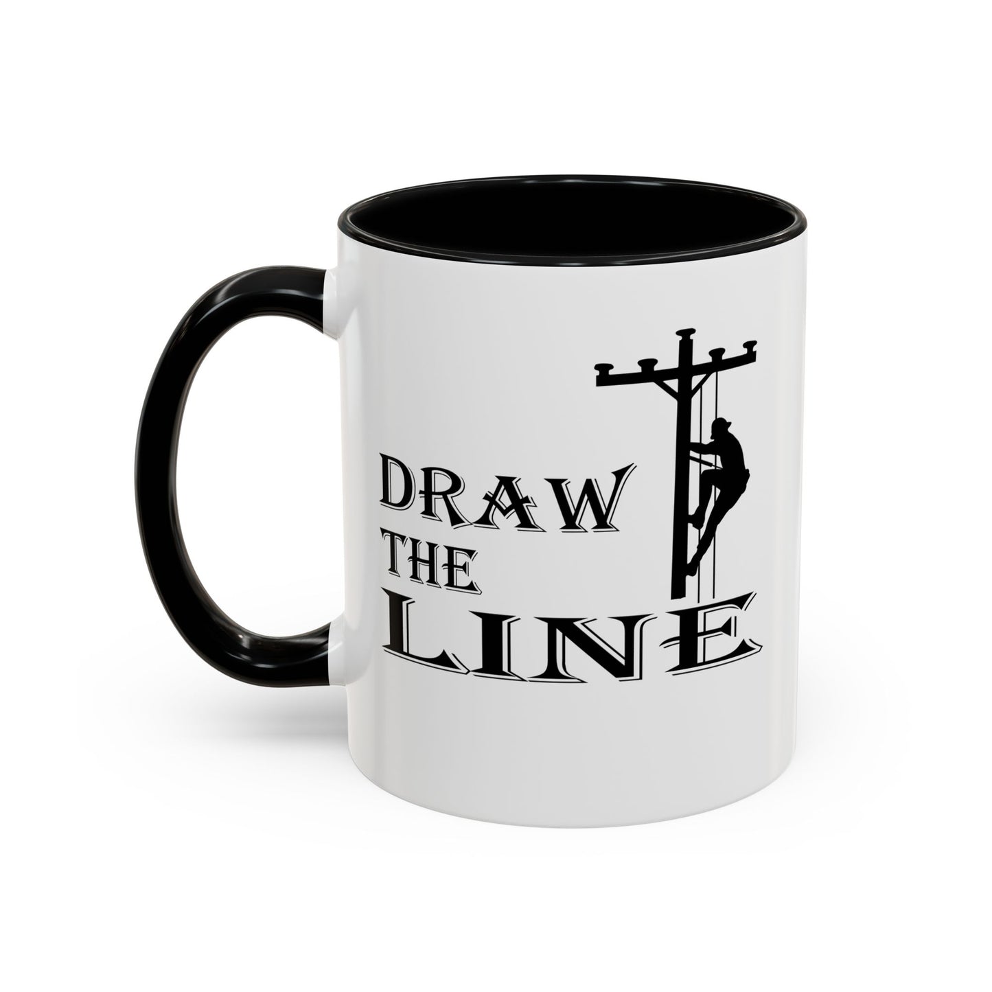 White mug with black handle featuring a silhouette of a person on a power line pole and text 'DRAW THE LINE' on a white background.