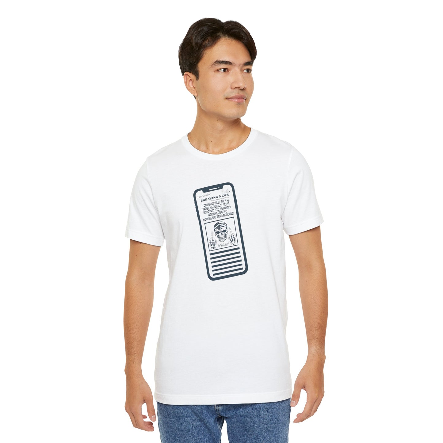 Man wearing a white t-shirt with a graphic design on a white background