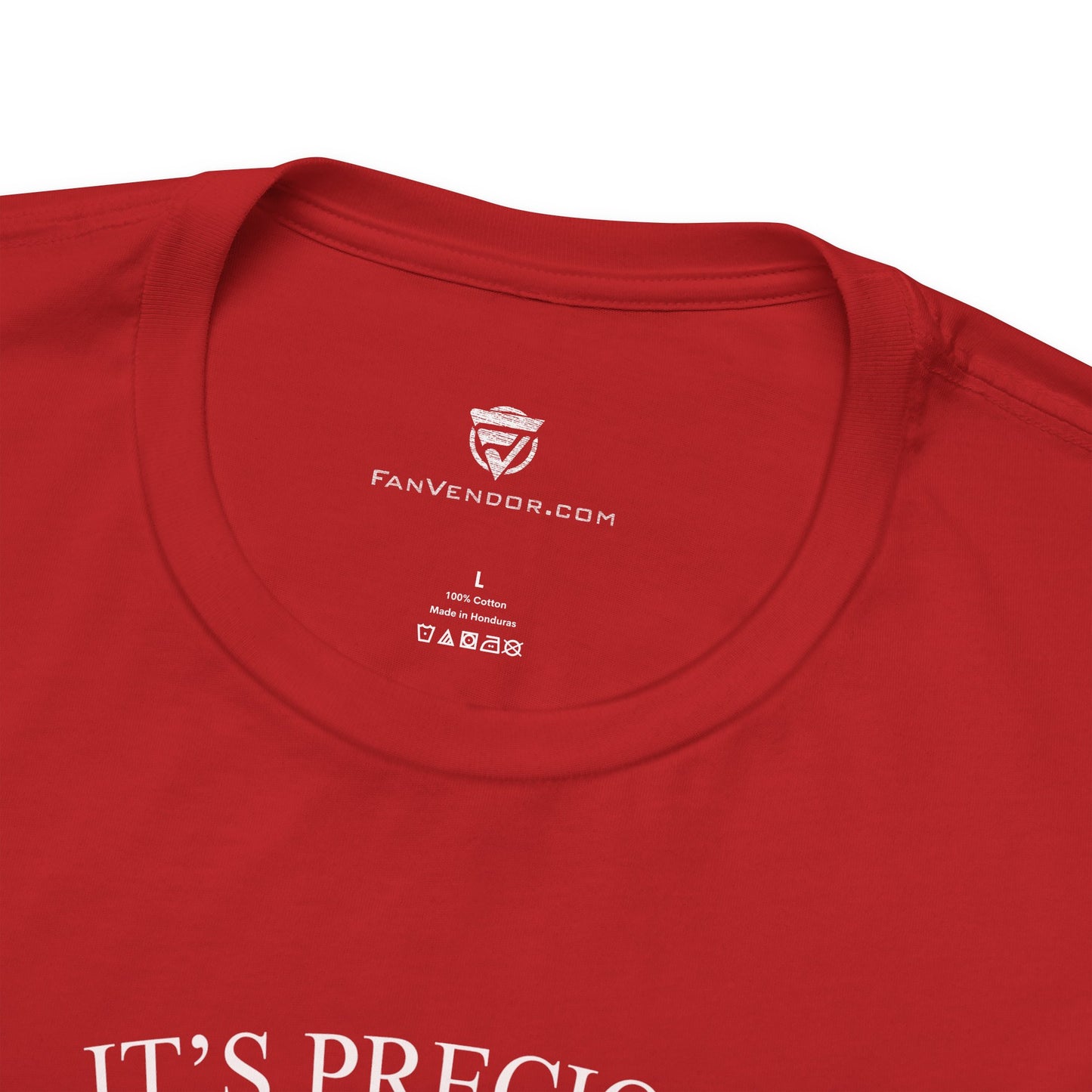 Red t-shirt with 'FanVendor.com' logo and text on a white background