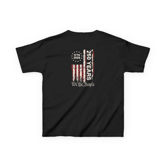 Black t-shirt with American flag design and text on a white background