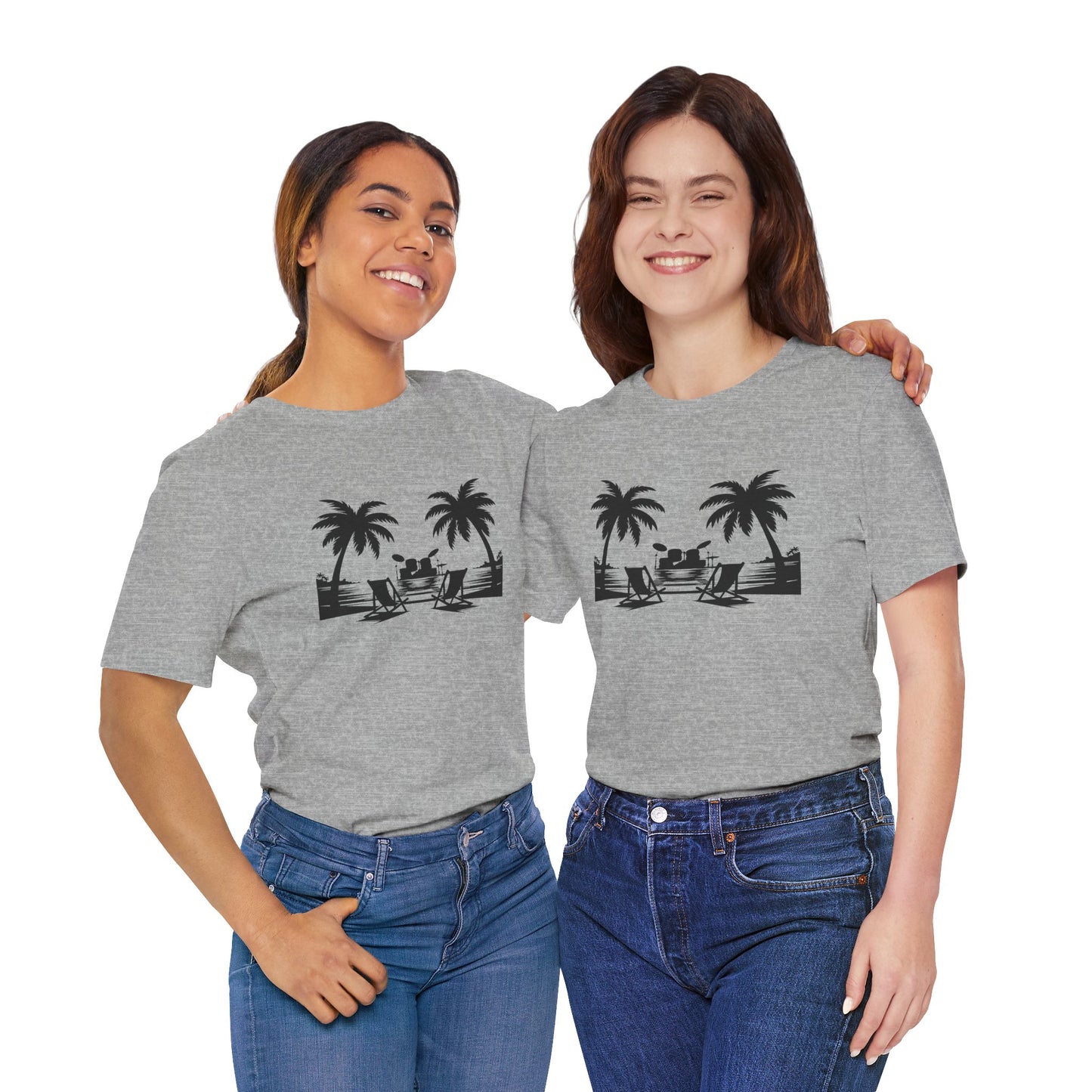 Two women wearing gray t-shirts with a palm tree design on a white background