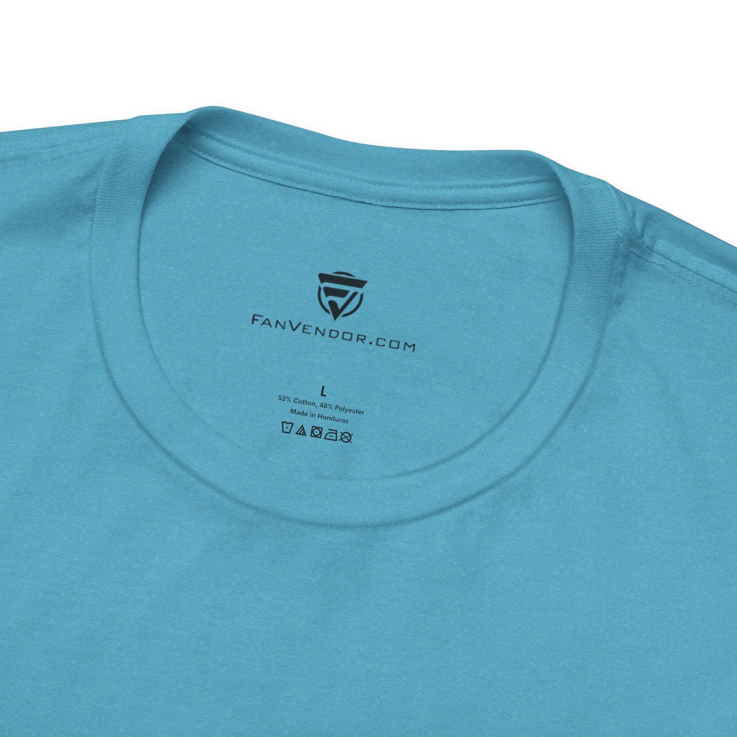 Close-up of a blue t-shirt with 'FanVendor.com' logo and text on the collar.