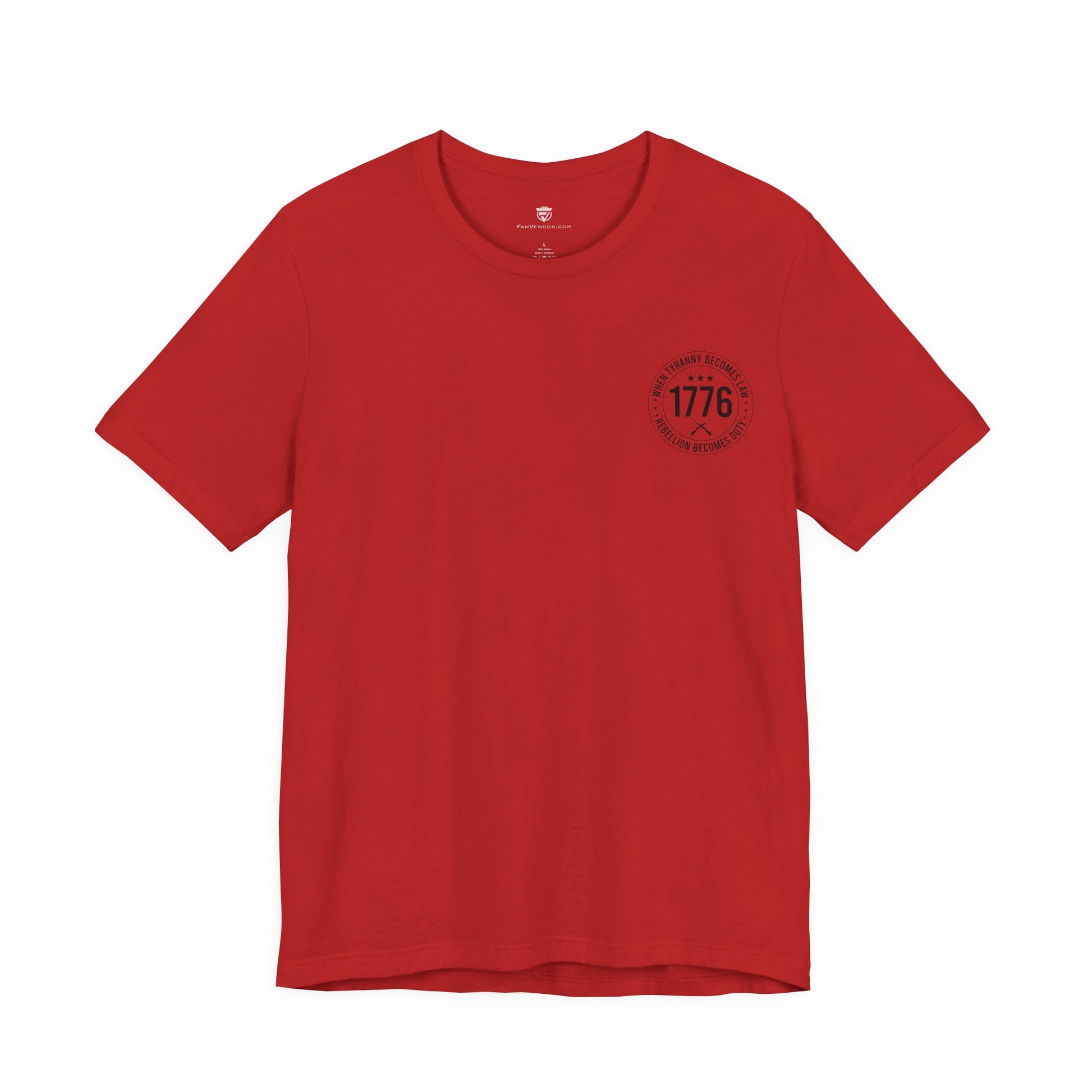 Red t-shirt with a black logo on the chest against a white background