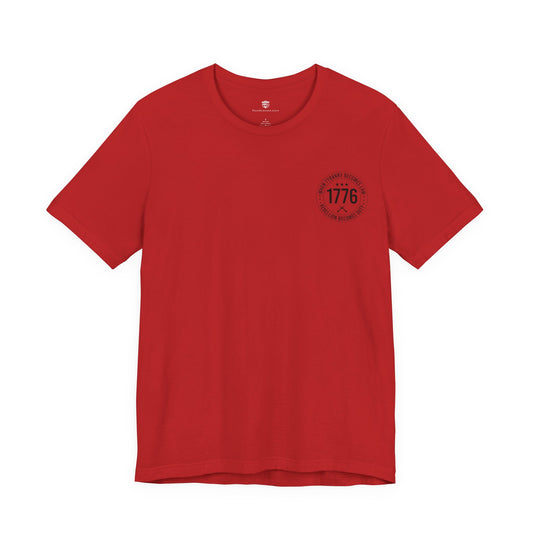 Red t-shirt with a black logo on the chest against a white background