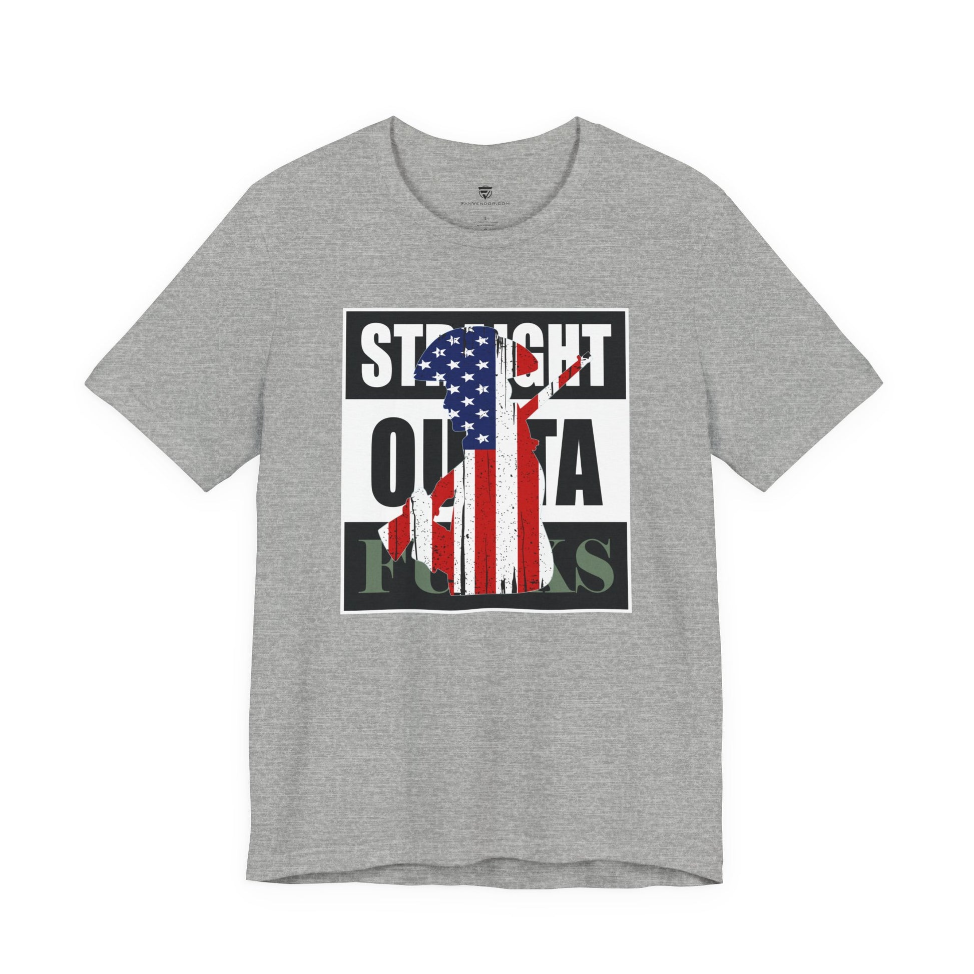 Gray t-shirt with American flag graphic and text on a white background