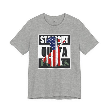 Gray t-shirt with American flag graphic and text on a white background