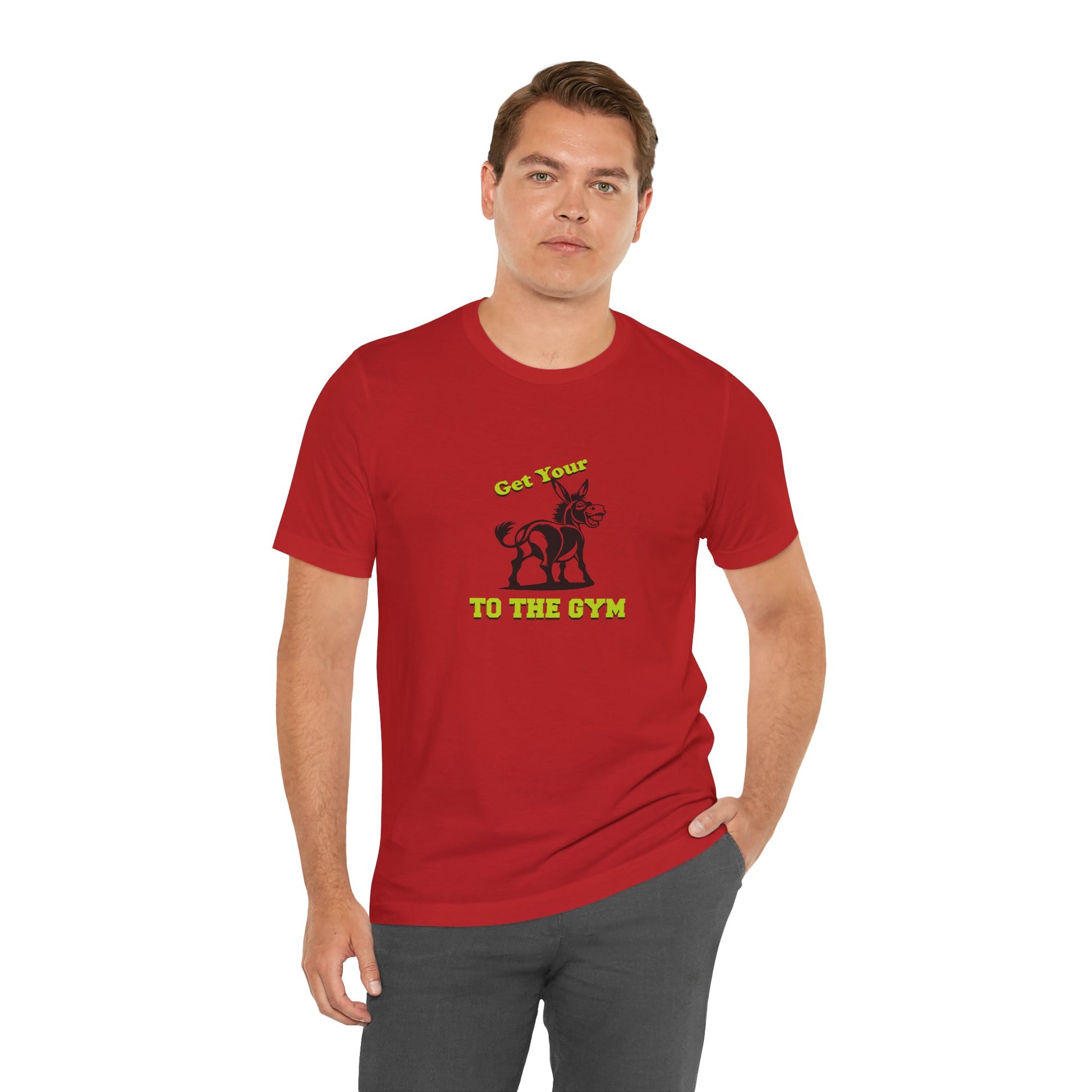 Man wearing a red t-shirt with a black graphic design on a white background