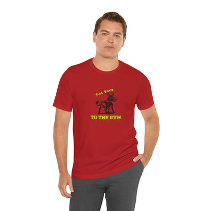 Man wearing a red t-shirt with a black graphic design on a white background