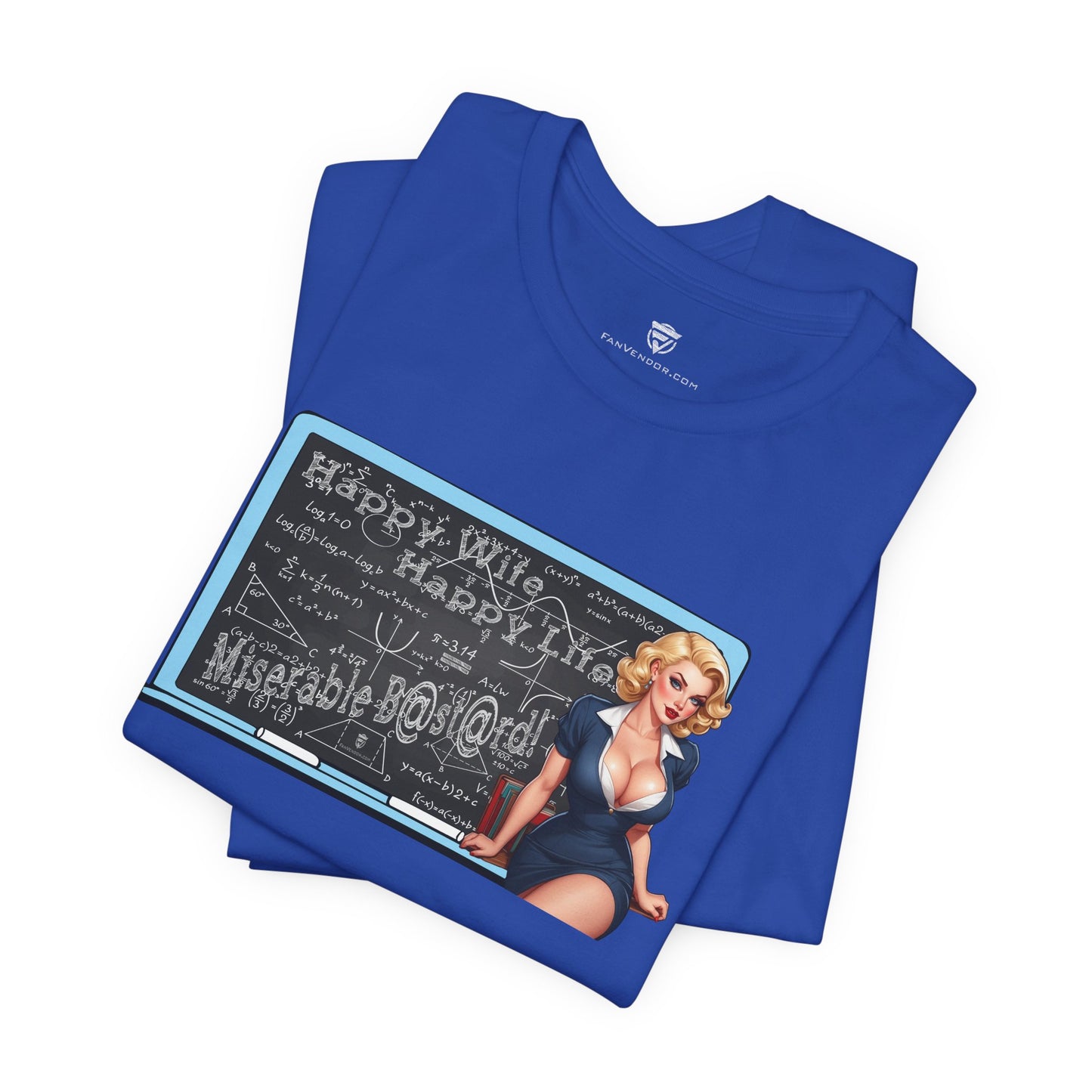 Blue t-shirt with a graphic design on a white background