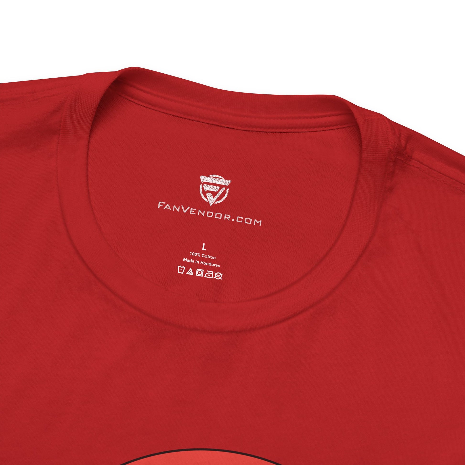 Red t-shirt with 'Fanvendor.com' logo and text on a white background