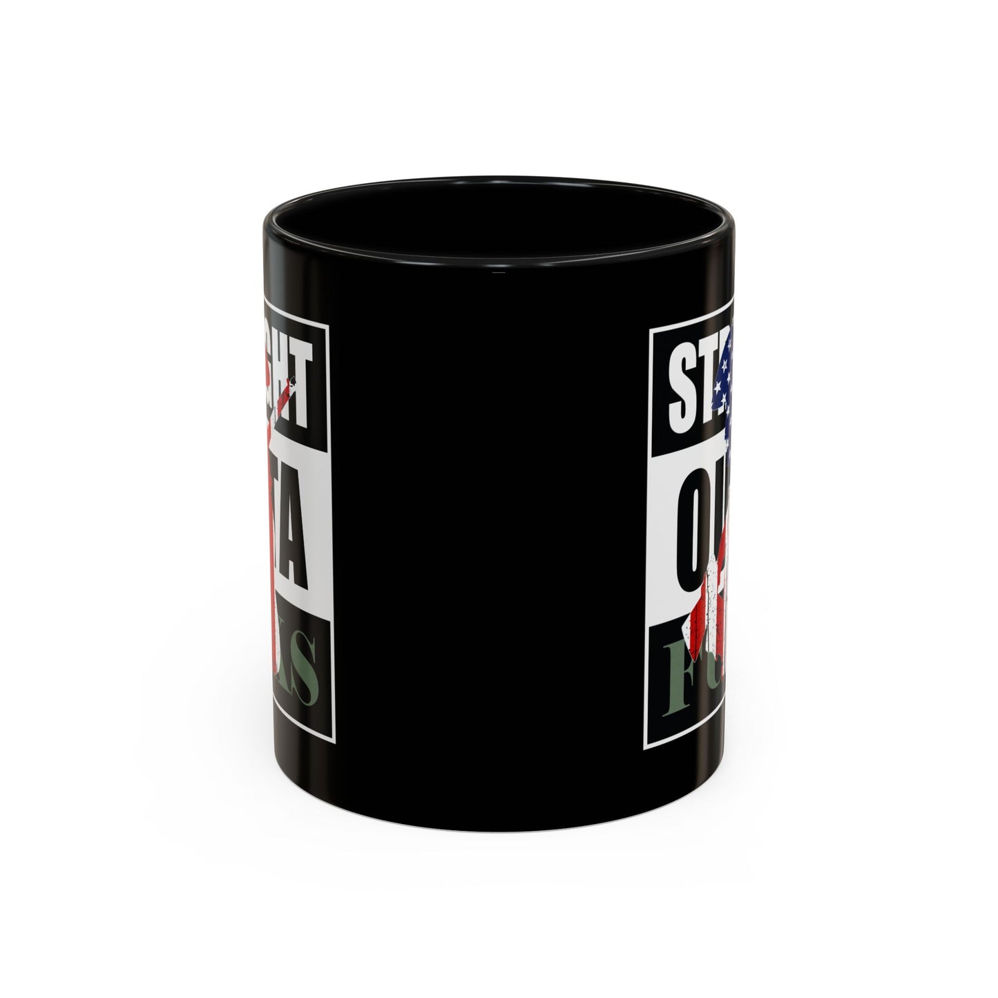 Black mug with text and graphics on a white background