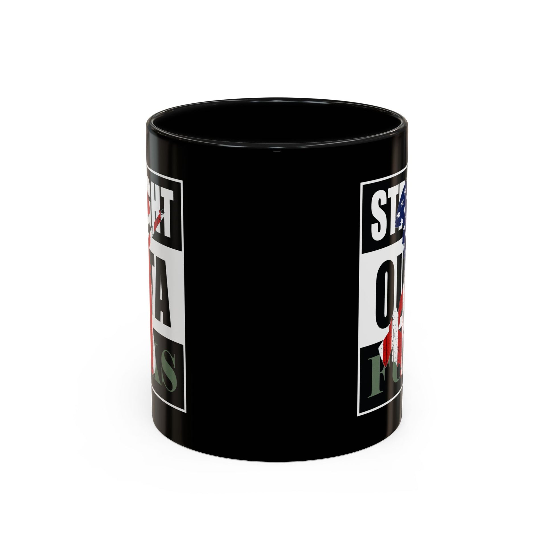 Black mug with text and graphics on a white background