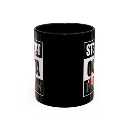 Black mug with text and graphics on a white background
