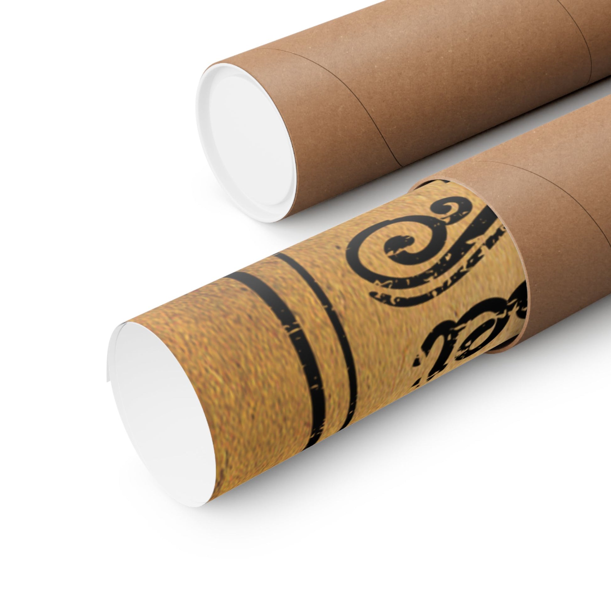 Two cardboard tubes with a decorative band on a white background