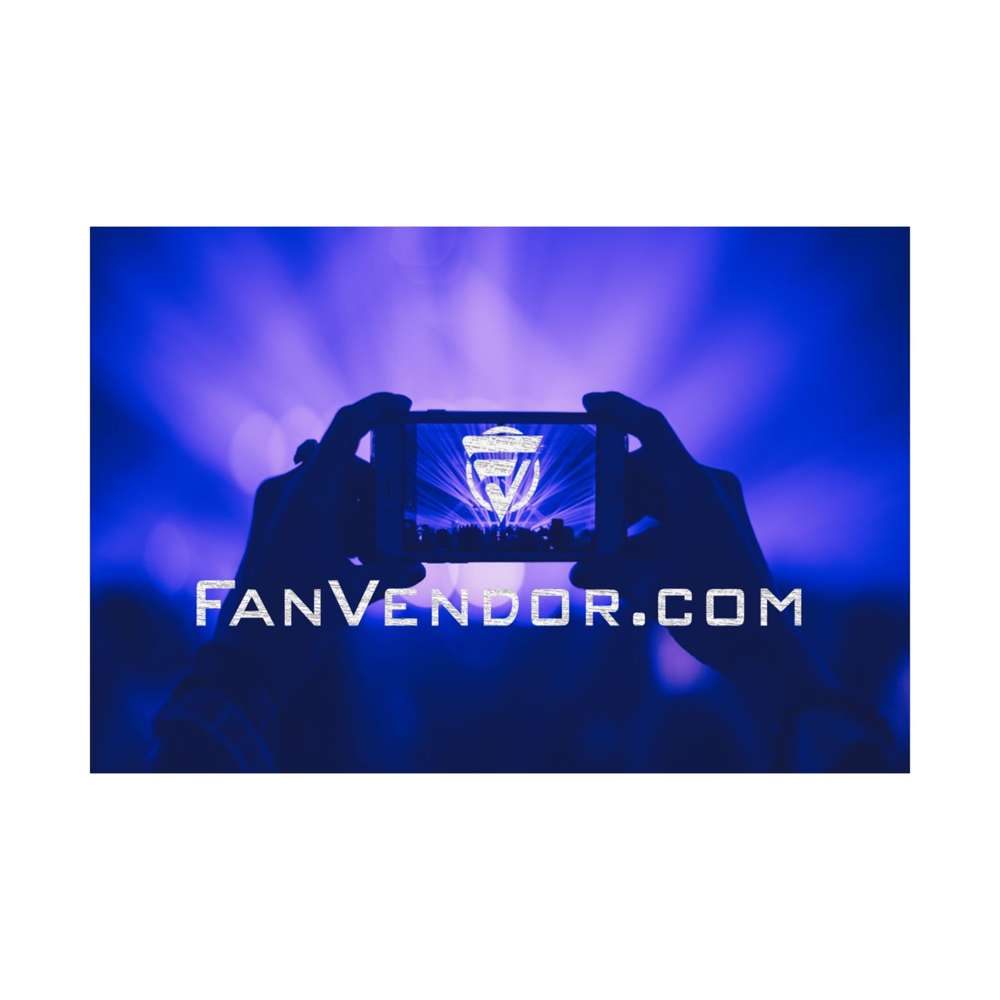 Person holding a smartphone with a blurred blue and purple light in the background, featuring 'FanVendor.com' text.