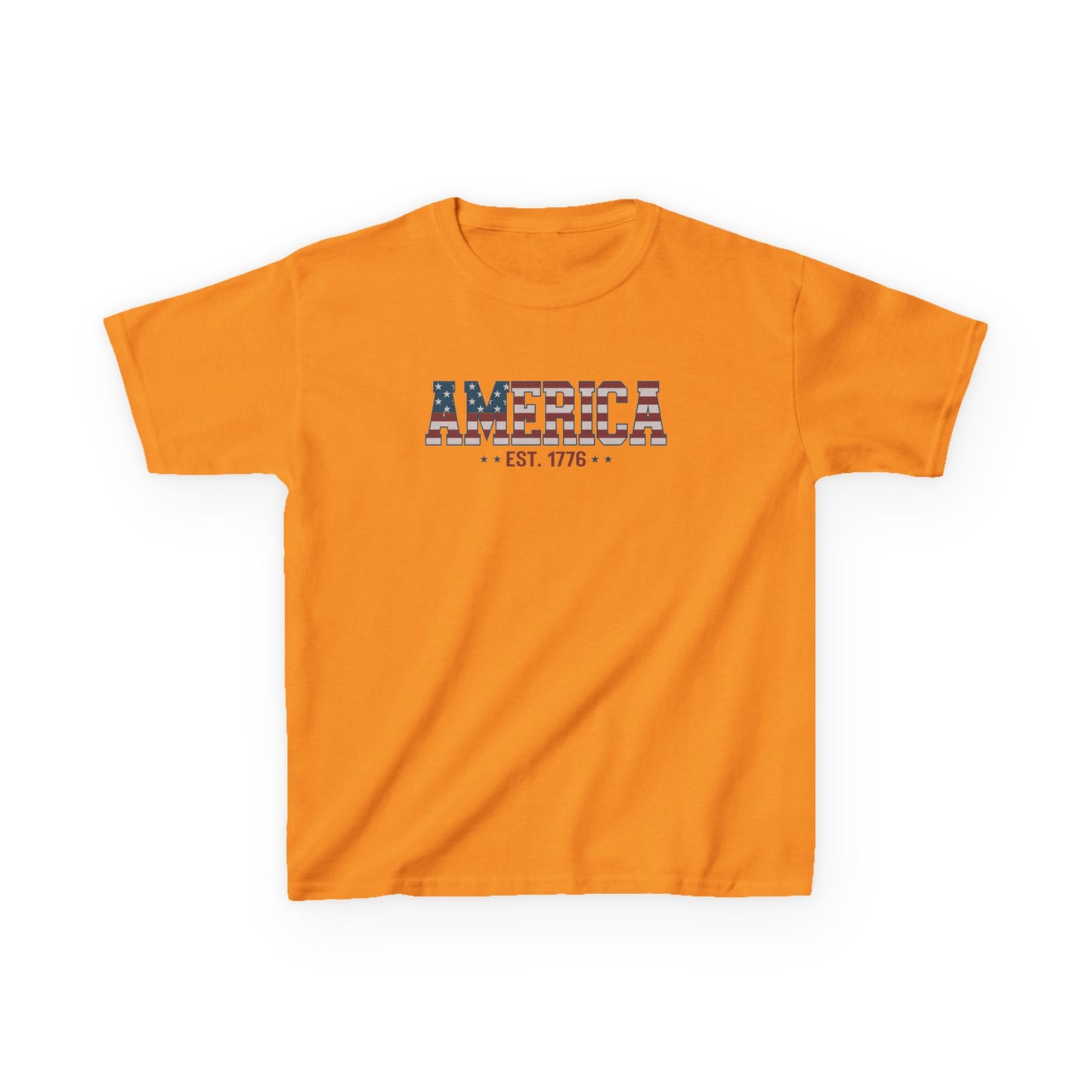 Orange t-shirt with 'AMERICA EST. 1776' text on a white background