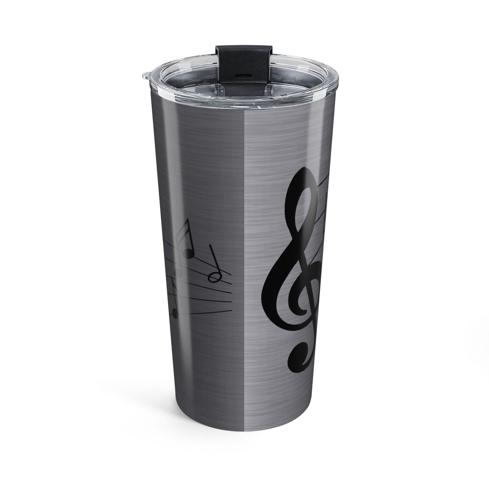 Gray tumbler with black musical symbol design on a white background