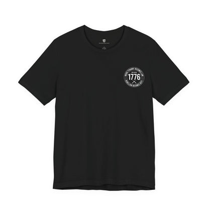 Black t-shirt with a white 1776 logo on a white background