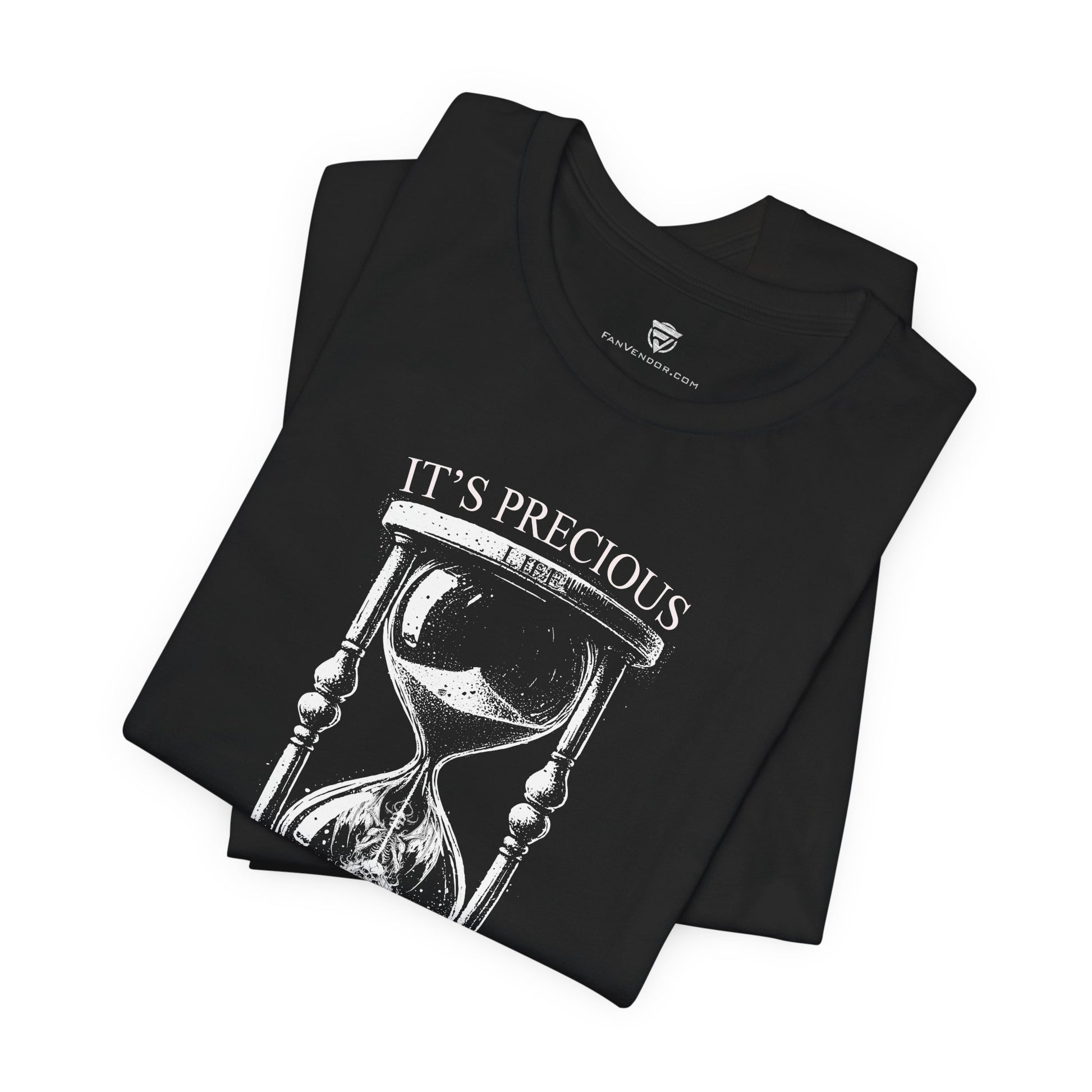 Black t-shirt with hourglass design and 'It's precious' text on a white background