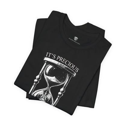 Black t-shirt with hourglass design and 'It's precious' text on a white background