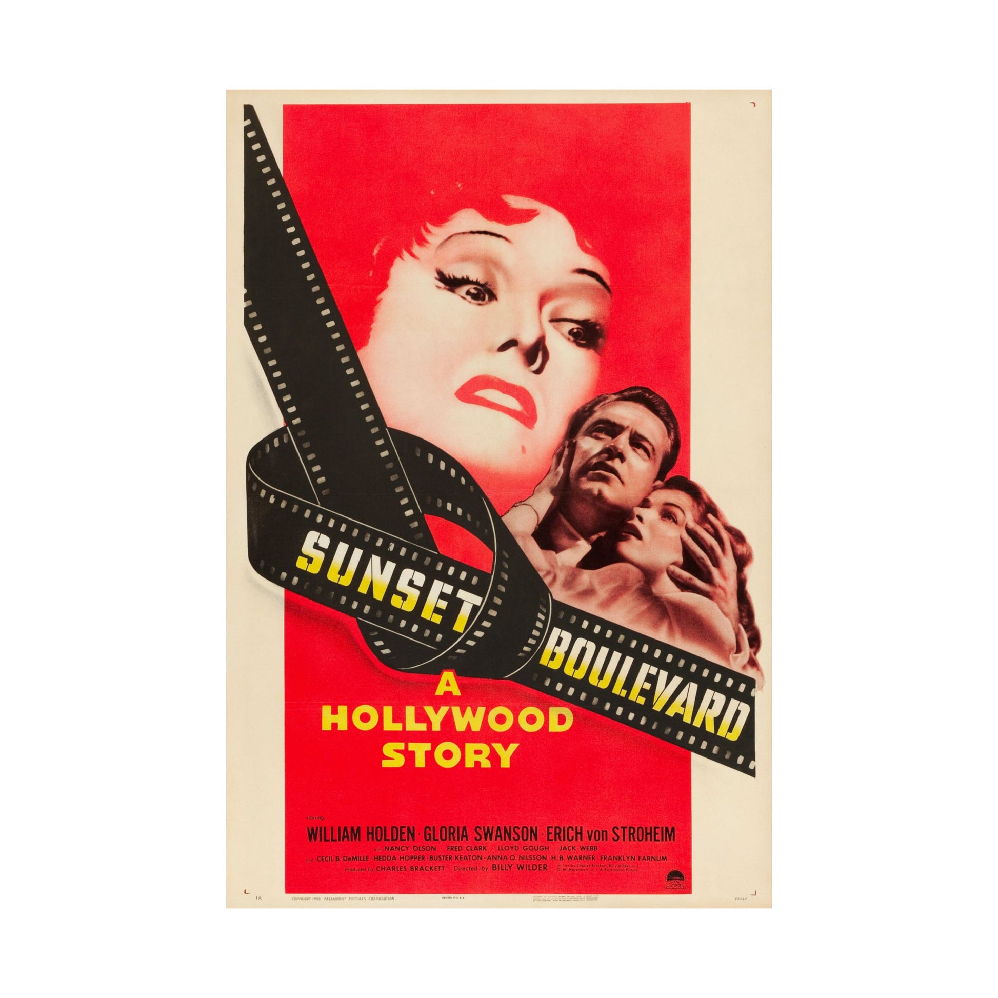 Movie poster for 'Sunset Boulevard' with a woman and man on a red background