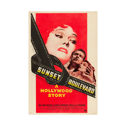 Movie poster for 'Sunset Boulevard' with a woman and man on a red background