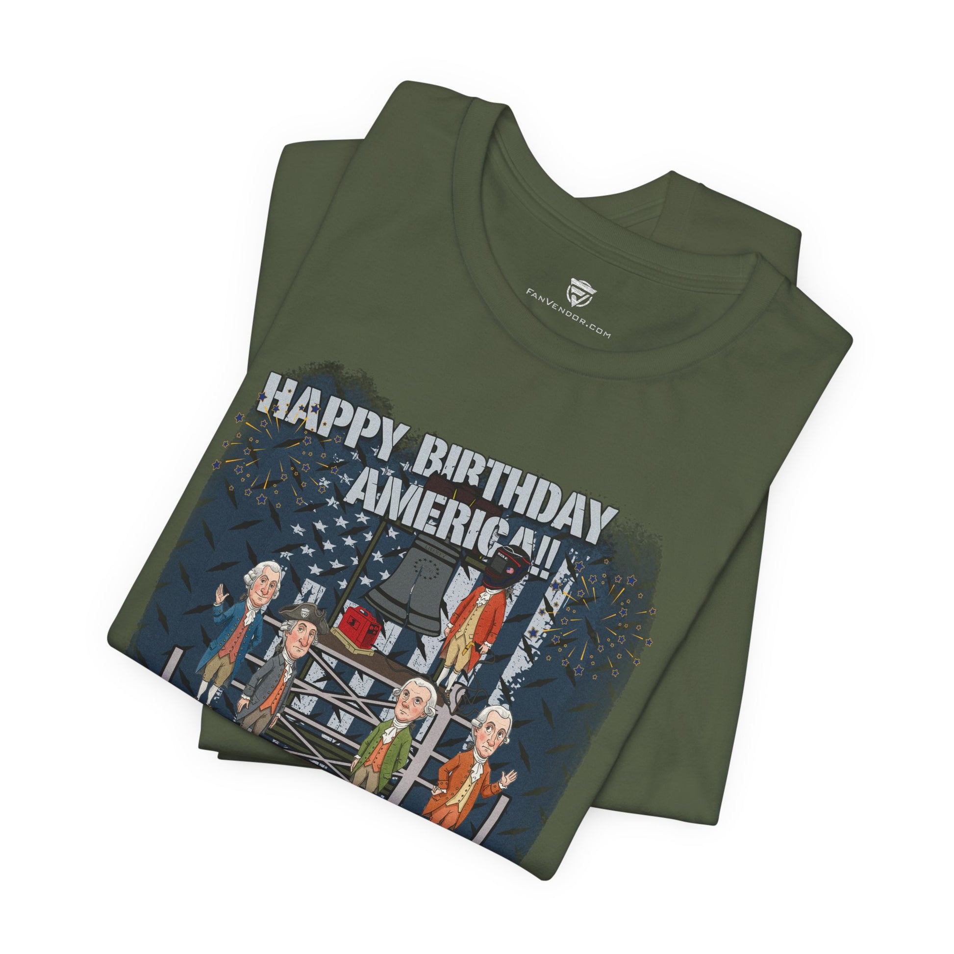 Green t-shirt with 'Happy Birthday America!' graphic design on a white background