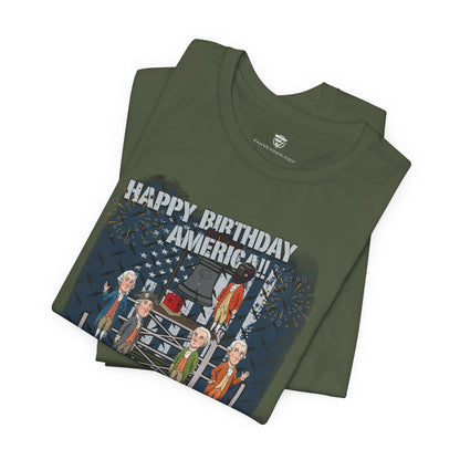Green t-shirt with 'Happy Birthday America!' graphic design on a white background