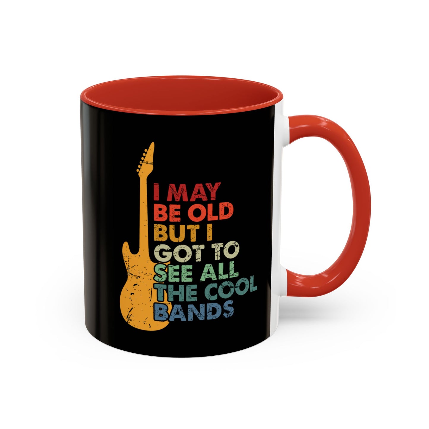 Black mug with red interior and handle featuring a guitar graphic and humorous text.