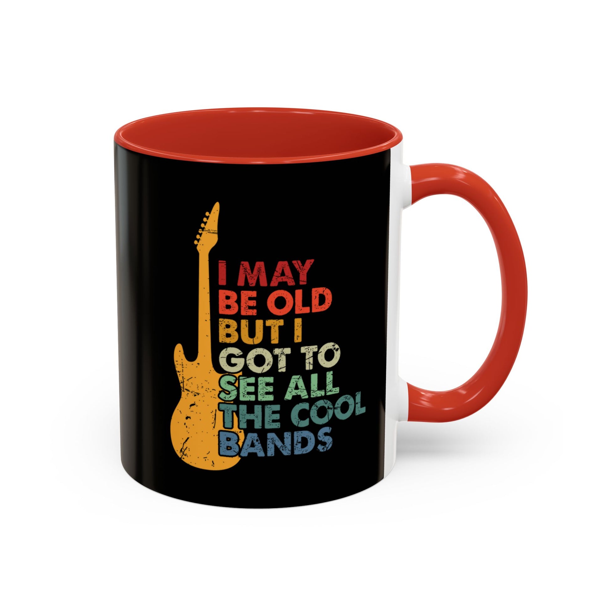 Black mug with red interior and handle featuring a guitar graphic and humorous text.