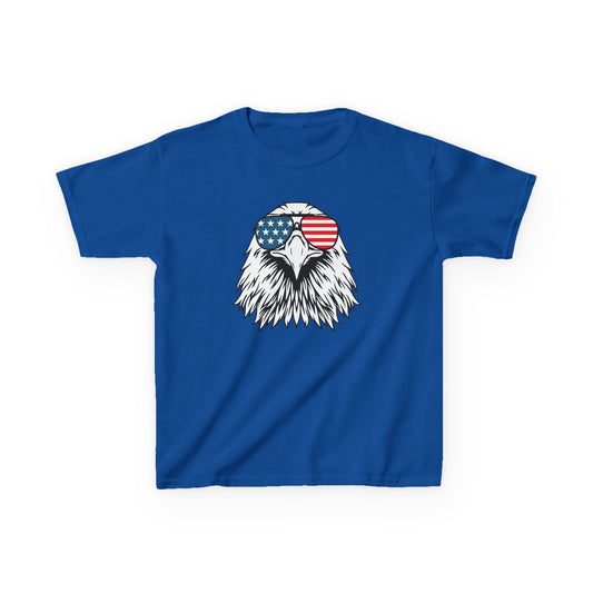 Blue t-shirt with an eagle design wearing sunglasses featuring the American flag on a white background