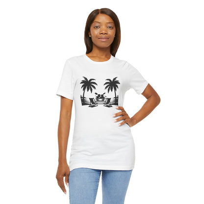 Woman wearing a white t-shirt with a black graphic design on a white background
