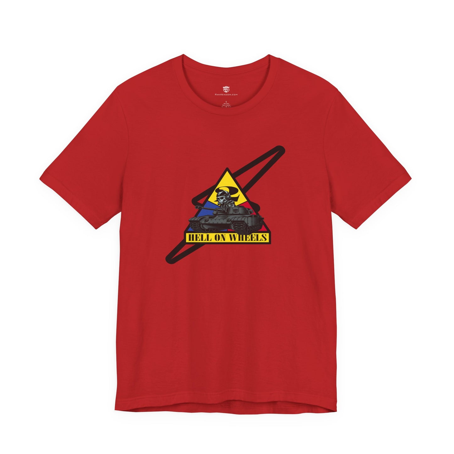 Red t-shirt with graphic design on a white background