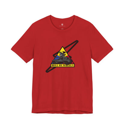 Red t-shirt with graphic design on a white background