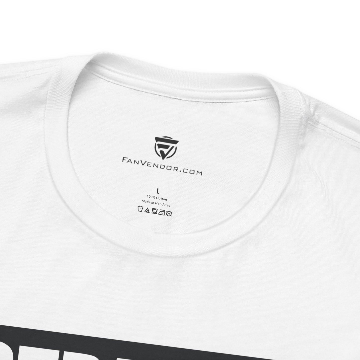 Close-up of a white t-shirt with 'FanVendor.com' branding and label details.