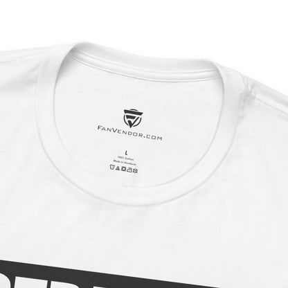 Close-up of a white t-shirt with 'FanVendor.com' branding and label details.