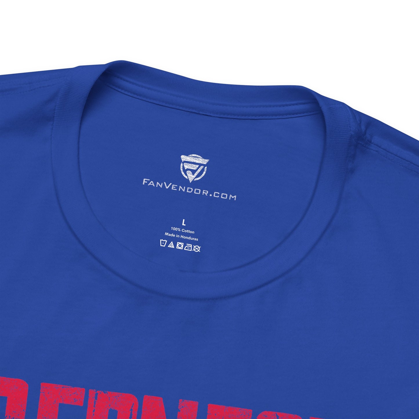 Blue t-shirt with 'FanVendor.com' logo on the collar against a white background