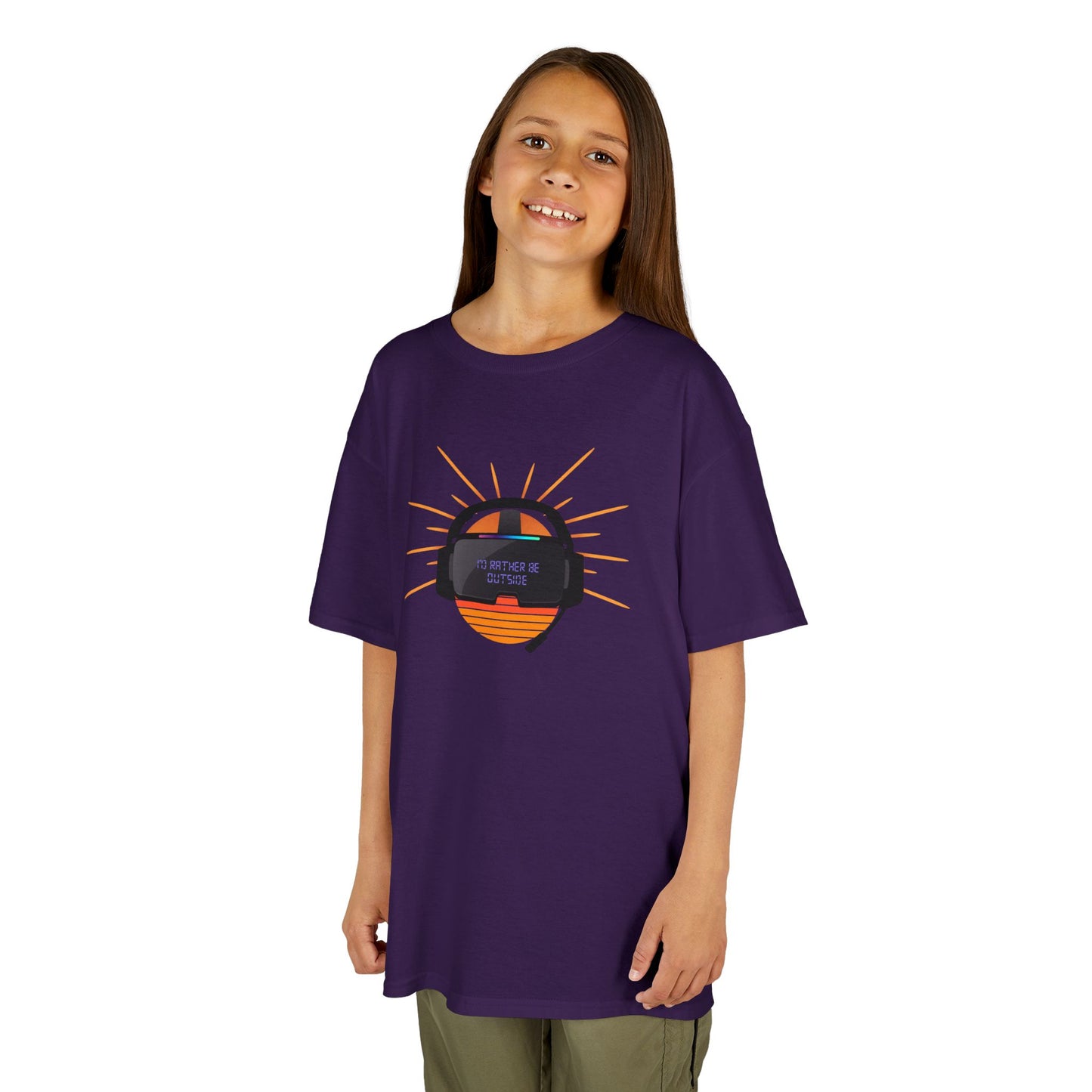 Child wearing a purple t-shirt with a graphic design on a white background