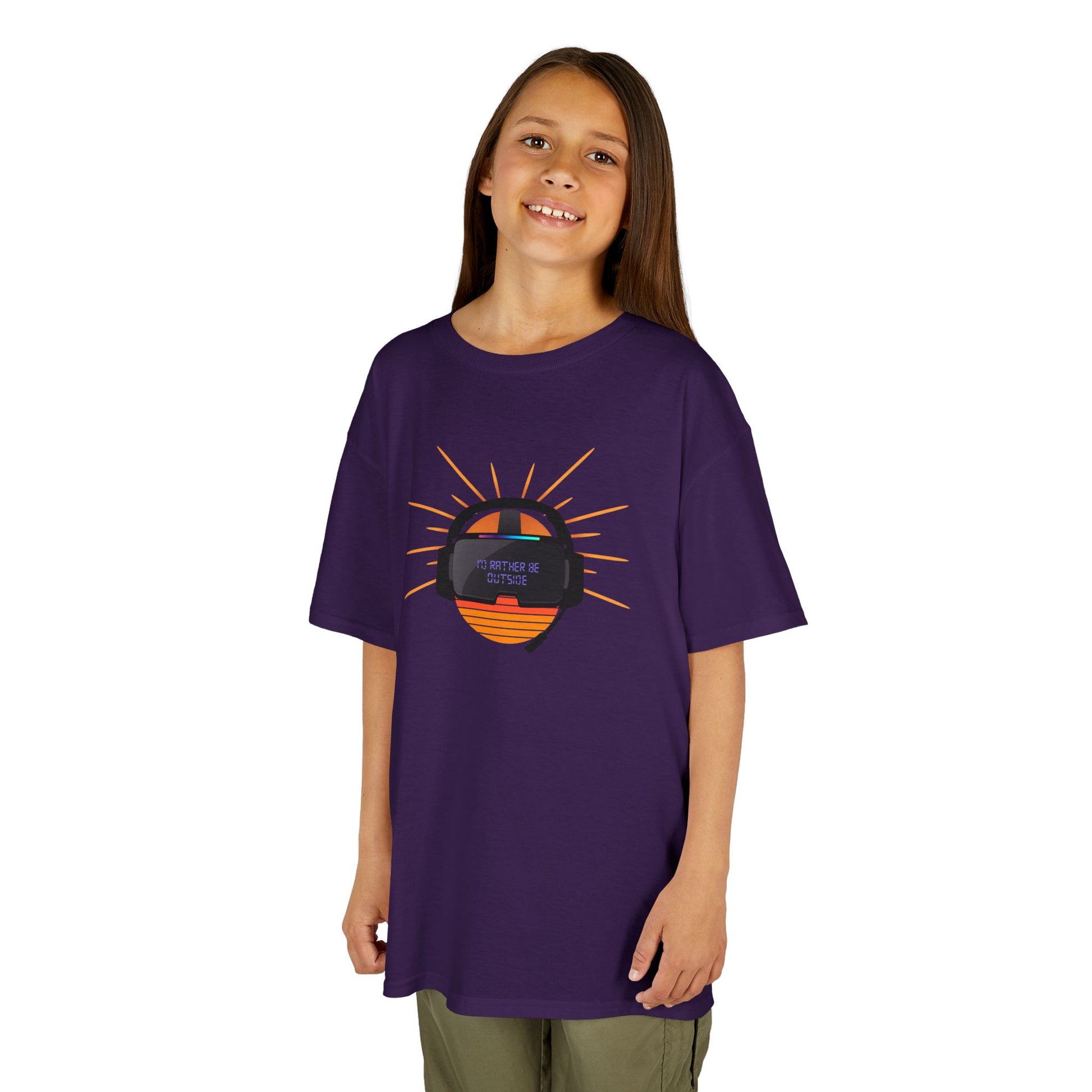 Child wearing a purple t-shirt with a graphic design on a white background