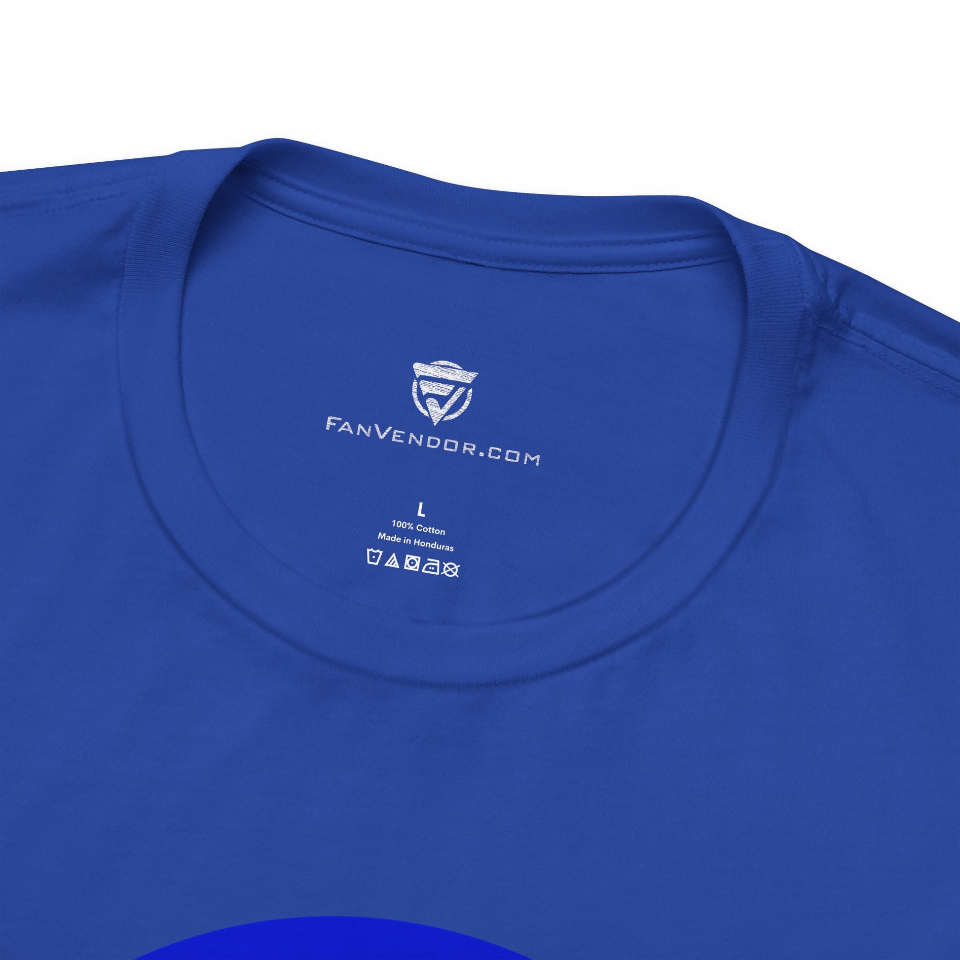 Close-up of a blue t-shirt with 'Fanvendor.com' logo and text on the collar.