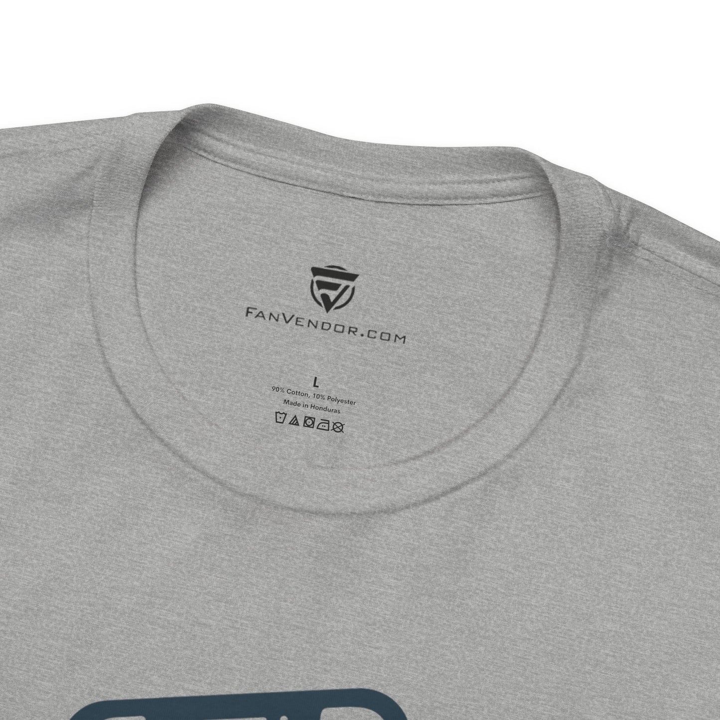 Gray t-shirt with 'FanVendoor.com' logo and text on the collar area.