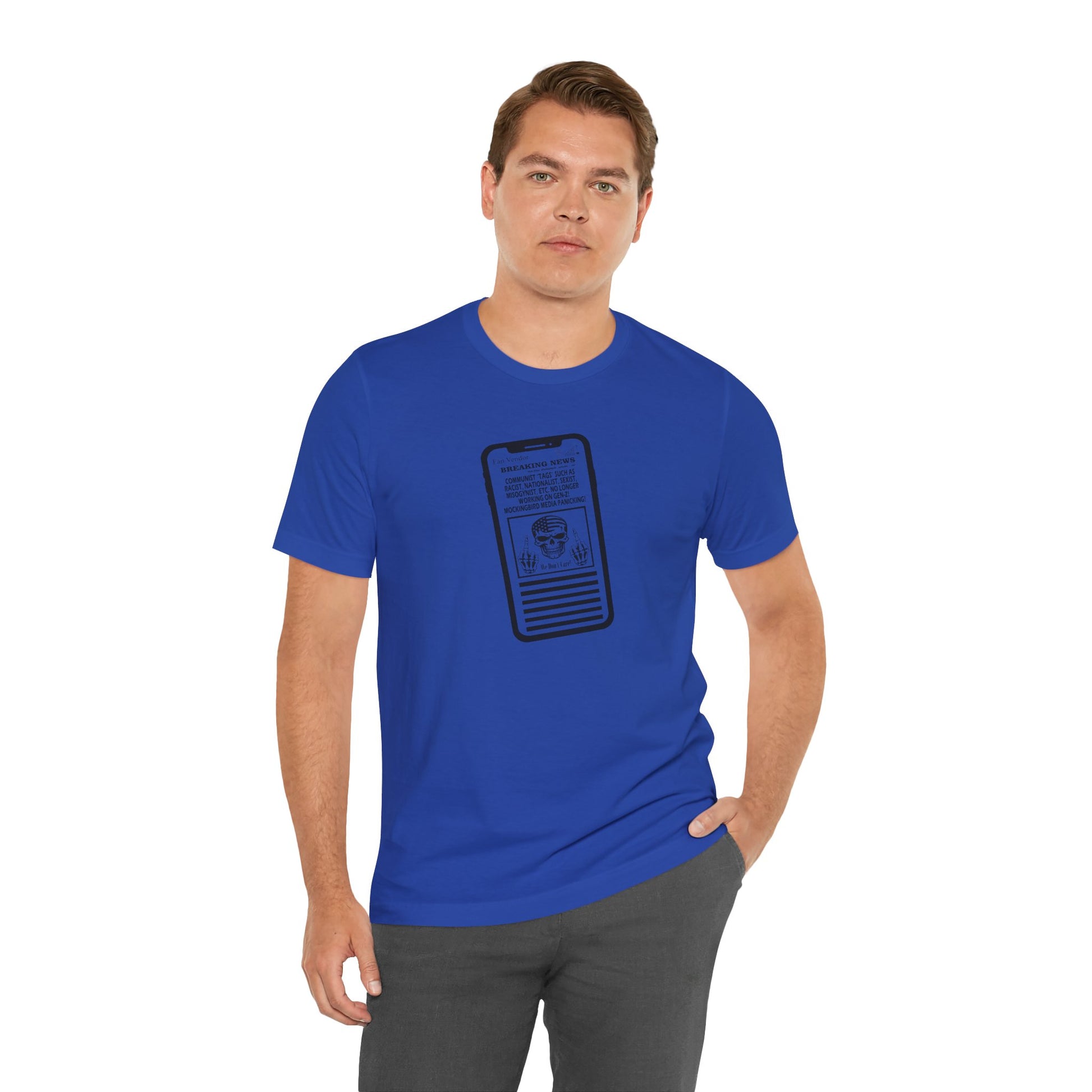 Man wearing a blue t-shirt with a graphic design on a white background