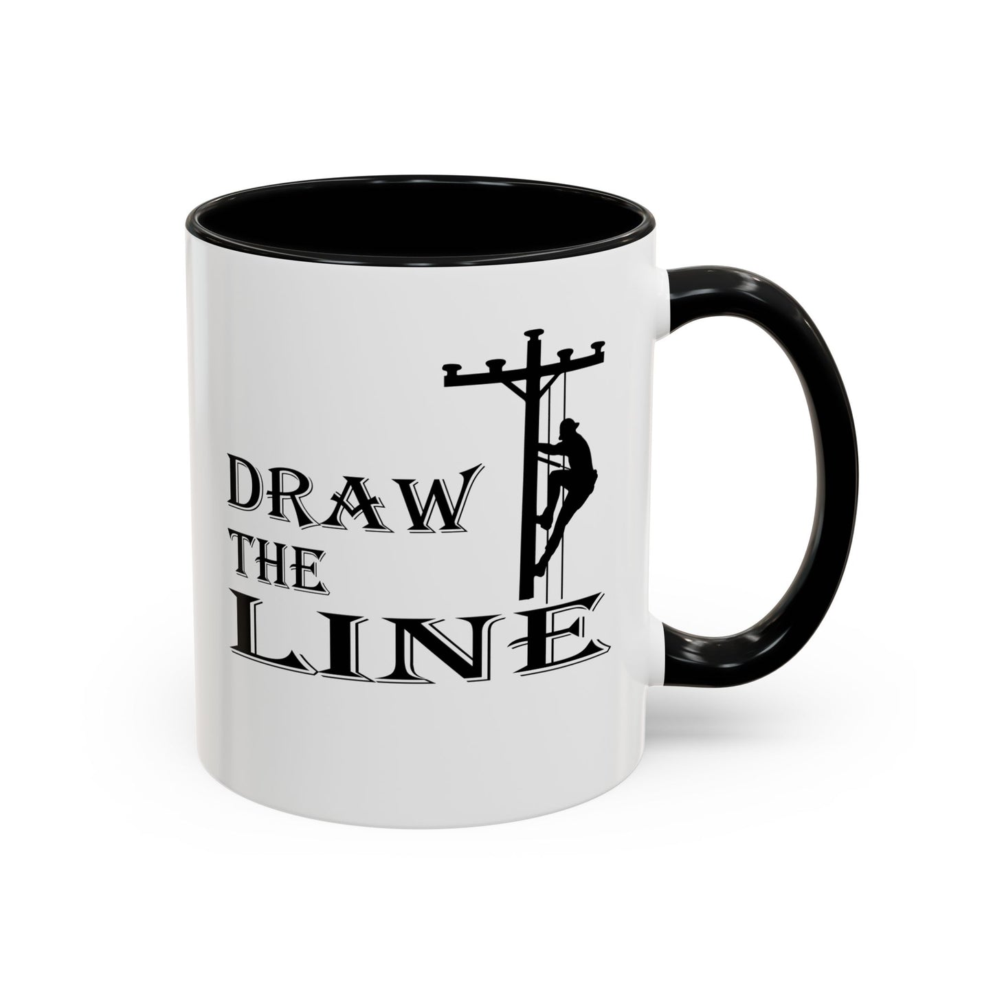 White mug with black handle featuring a silhouette of a person on a power line pole and text 'DRAW THE LINE' on a white background.