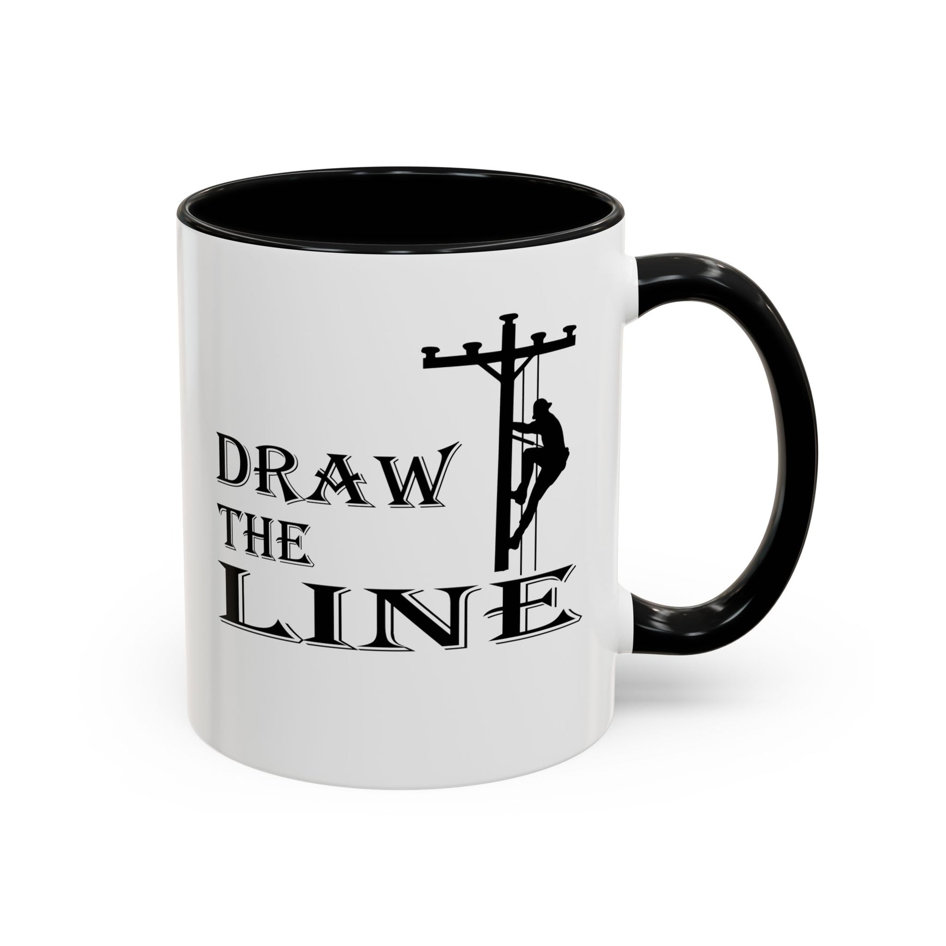 White mug with black handle featuring a silhouette of a person on a power line pole and text 'DRAW THE LINE' on a white background.
